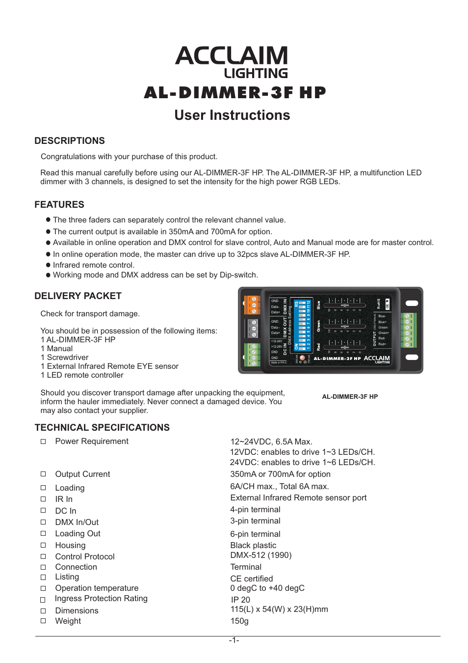 Acclaim Lighting AL Dimmer 3F HP User Manual | 5 pages