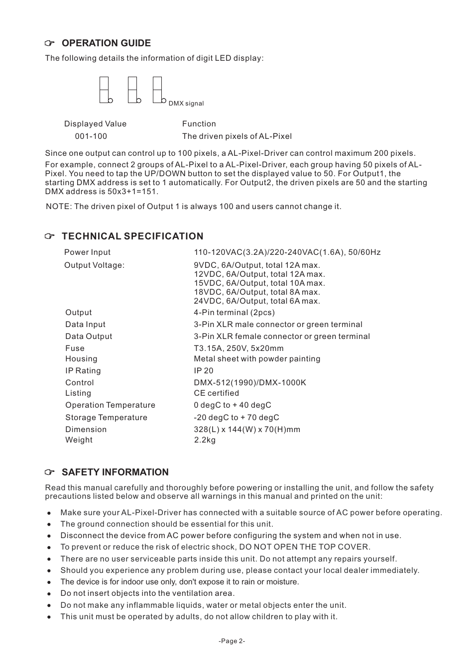 Safety information, Operation guide, Technical specification | Acclaim Lighting AL Pixel Driver User Manual | Page 2 / 3