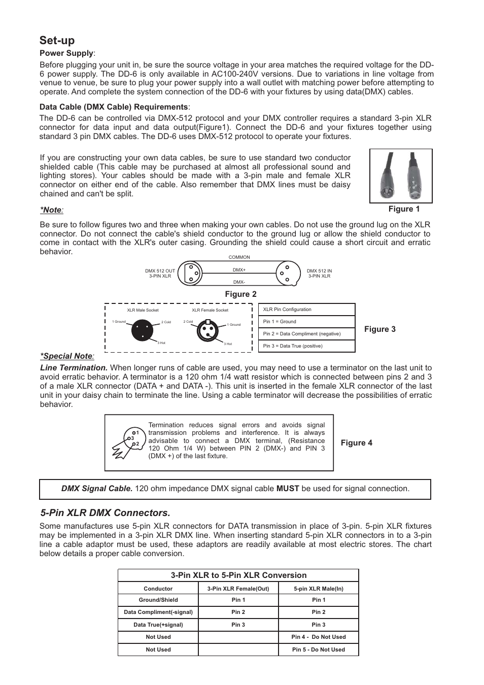 Set-up, Pin xlr dmx connectors, Figure 3 | Figure 4 | Acclaim Lighting DD-6 User Manual | Page 2 / 2