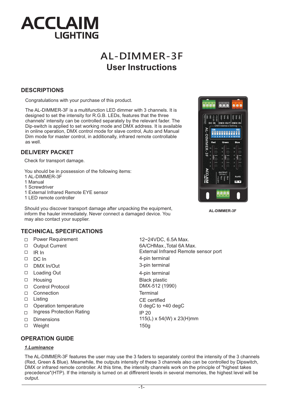 Acclaim Lighting AL Dimmer 3F User Manual | 4 pages