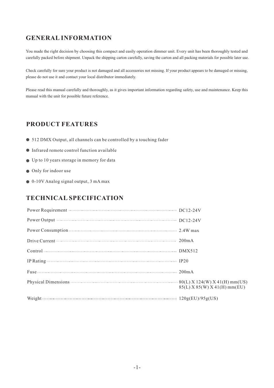 General information, Product features technical specification | Acclaim Lighting TC 1 User Manual | Page 2 / 4