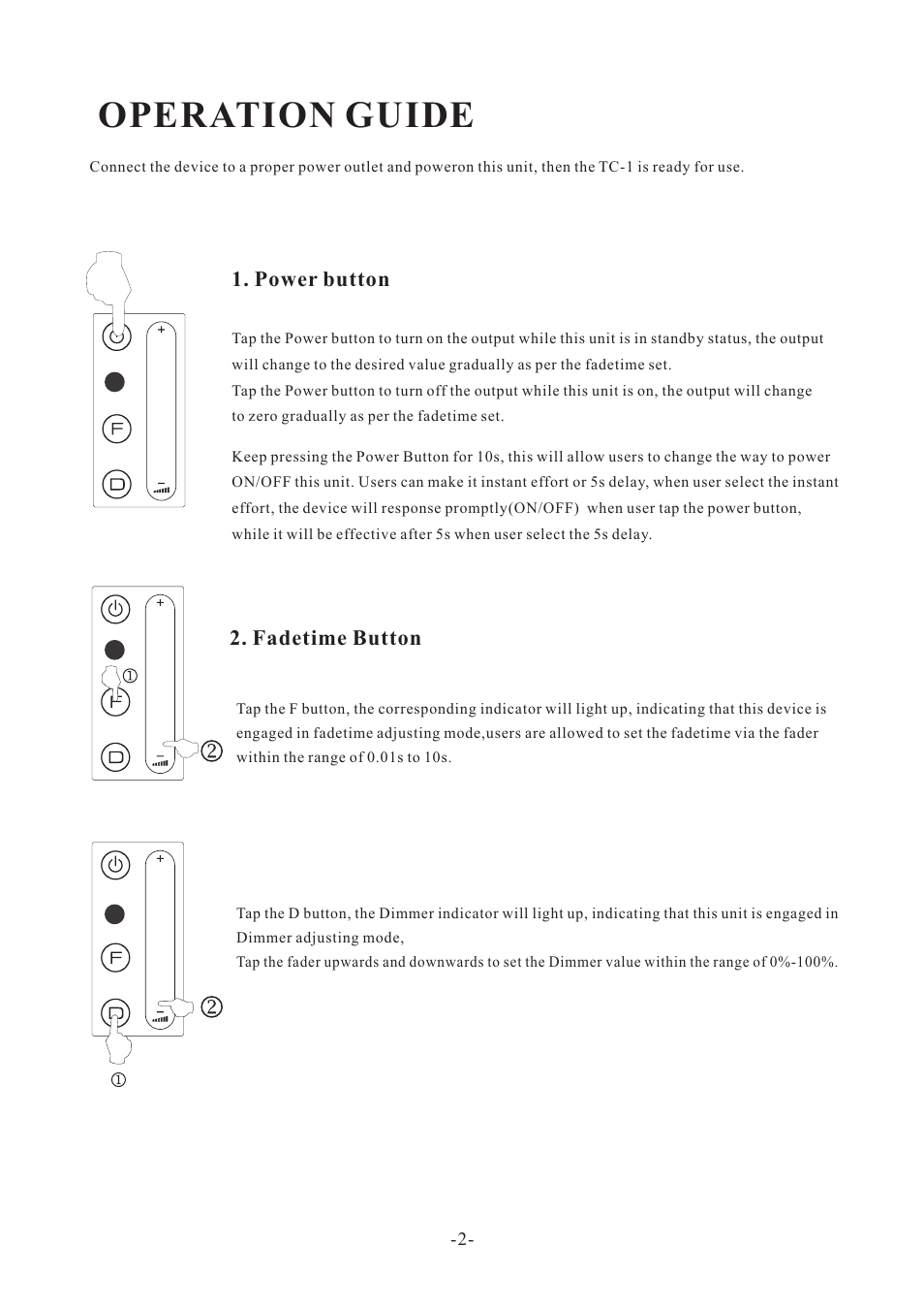 Operation guide, Power button, Fadetime button | Acclaim Lighting TC 1 User Manual | Page 3 / 4