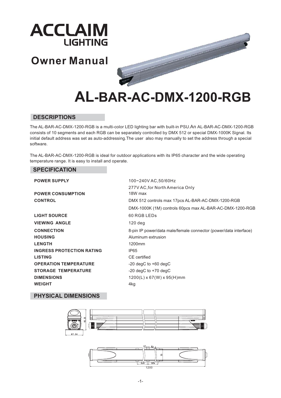 Acclaim Lighting AL Bar AC DMX (IP65) User Manual | 3 pages