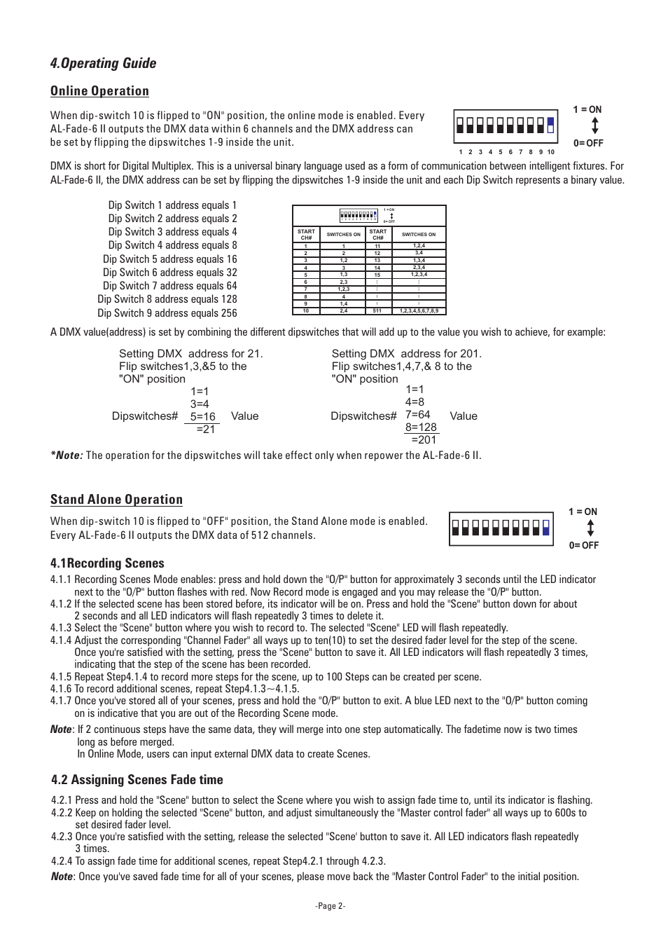 Operating guide, Online operation, Stand alone operation | 2 assigning scenes fade time, 1recording scenes | Acclaim Lighting AL Fade 6 II User Manual | Page 2 / 3