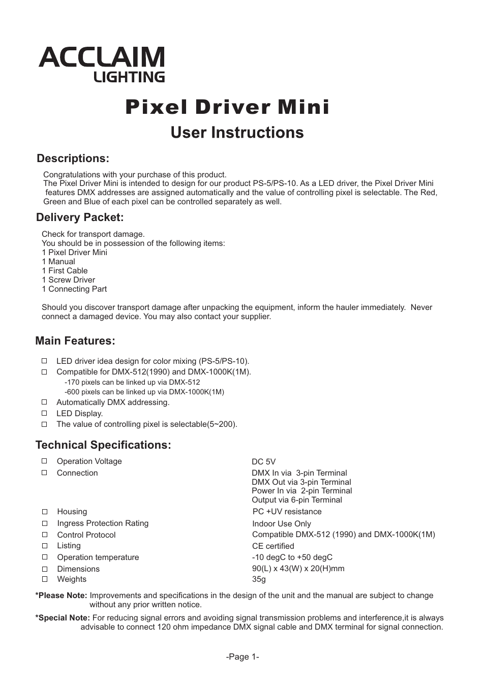 Acclaim Lighting Pixel Driver Mini User Manual | 2 pages