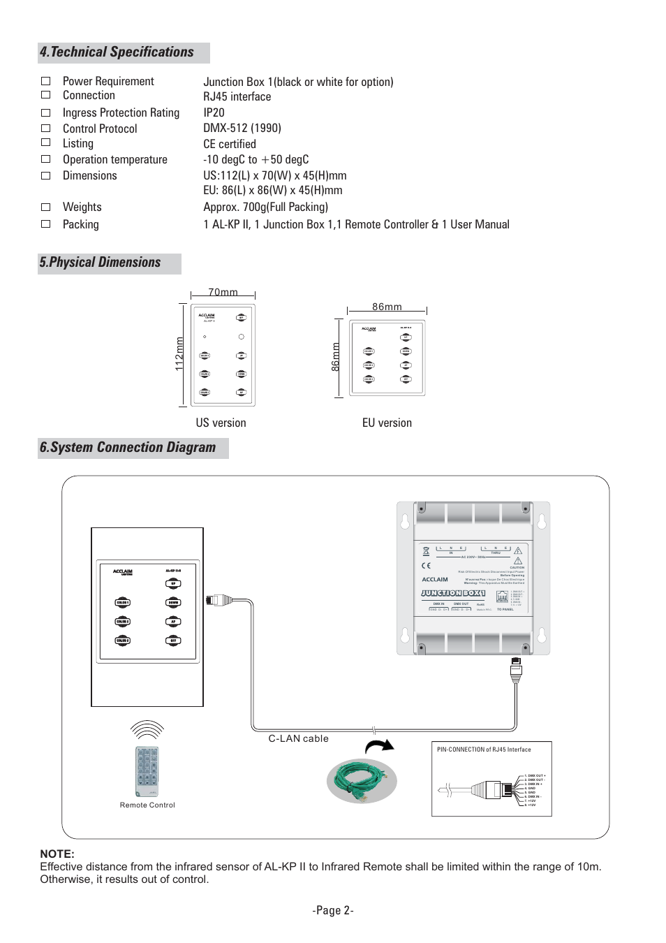 Physical dimensions, Us version eu version -page 2 | Acclaim Lighting AL KP II User Manual | Page 2 / 2