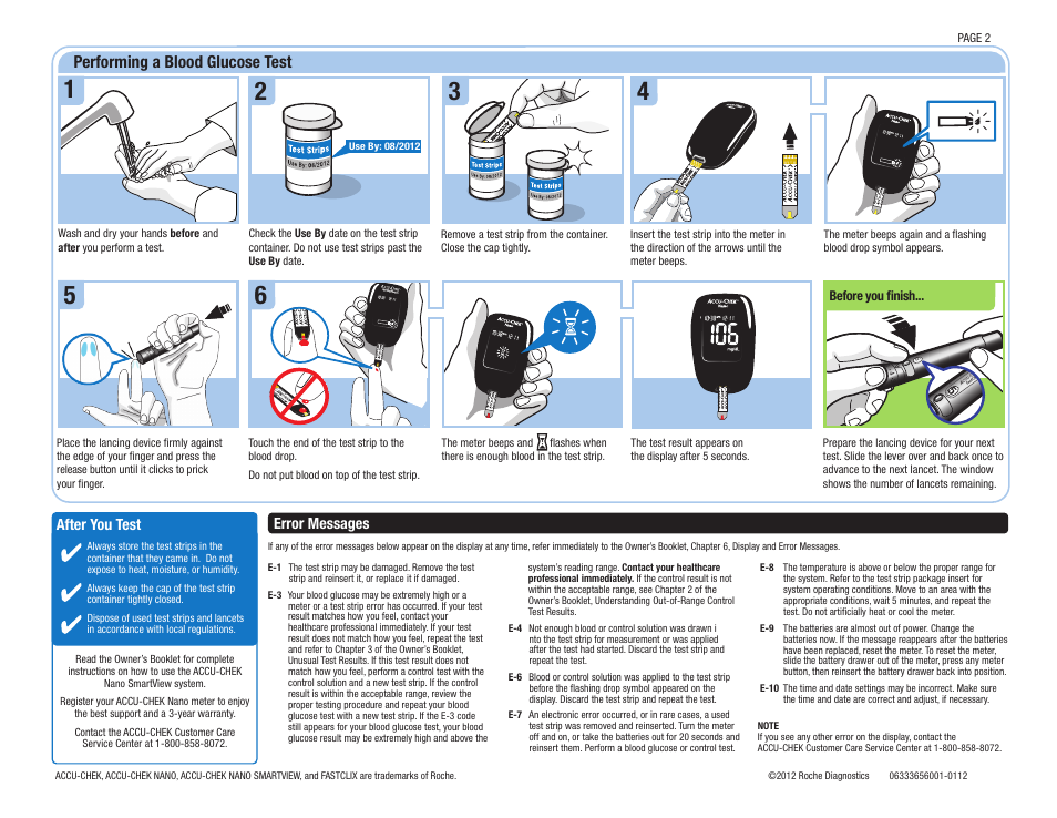 Performing a blood glucose test, Error messages after you test | Accu-Chek Nano User Manual | Page 2 / 2