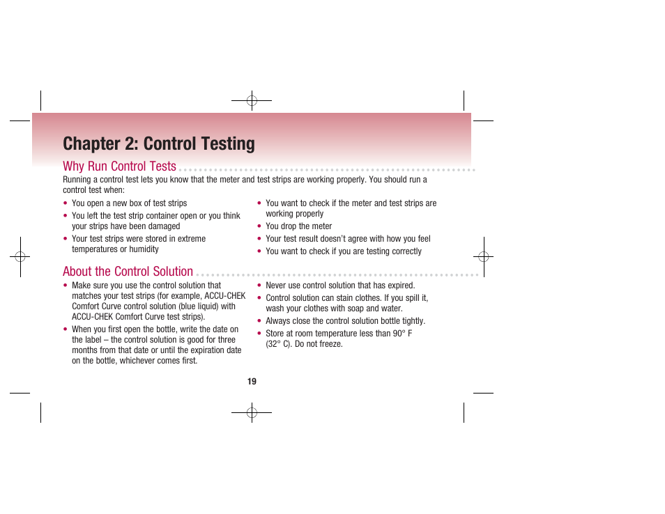 Chapter 2: control testing, Why run control tests, About the control solution | Accu-Chek Advantage User Manual | Page 21 / 52