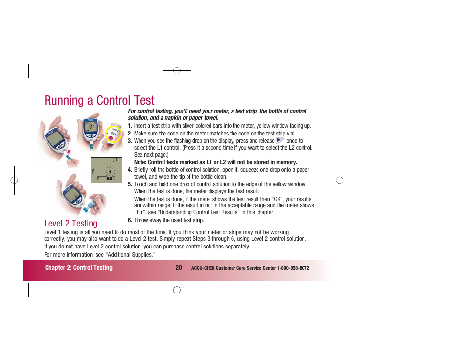 Running a control test, Level 2 testing | Accu-Chek Advantage User Manual | Page 22 / 52