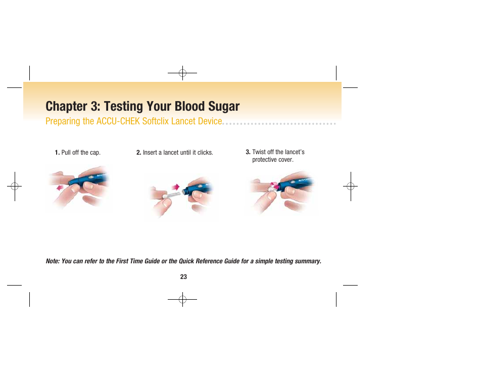 Chapter 3: testing your blood sugar, Preparing the accu-chek softclix lancet device | Accu-Chek Advantage User Manual | Page 25 / 52