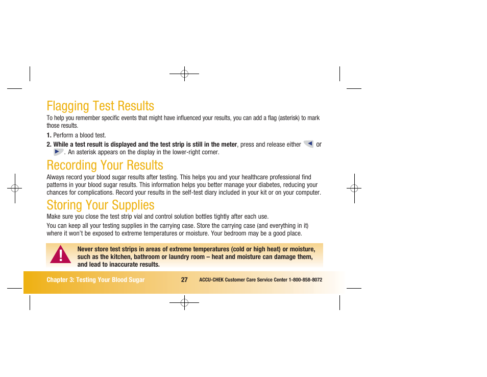 Flagging test results, Recording your results, Storing your supplies | Accu-Chek Advantage User Manual | Page 29 / 52