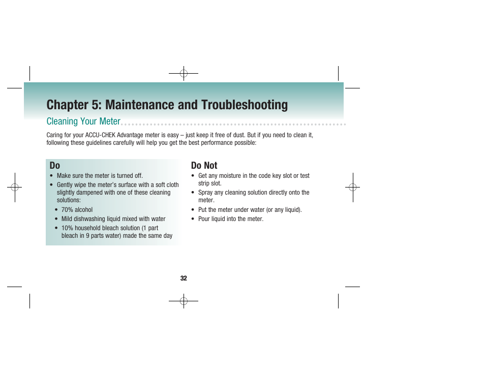 Chapter 5: maintenance and troubleshooting, Cleaning your meter, Do not | Accu-Chek Advantage User Manual | Page 34 / 52