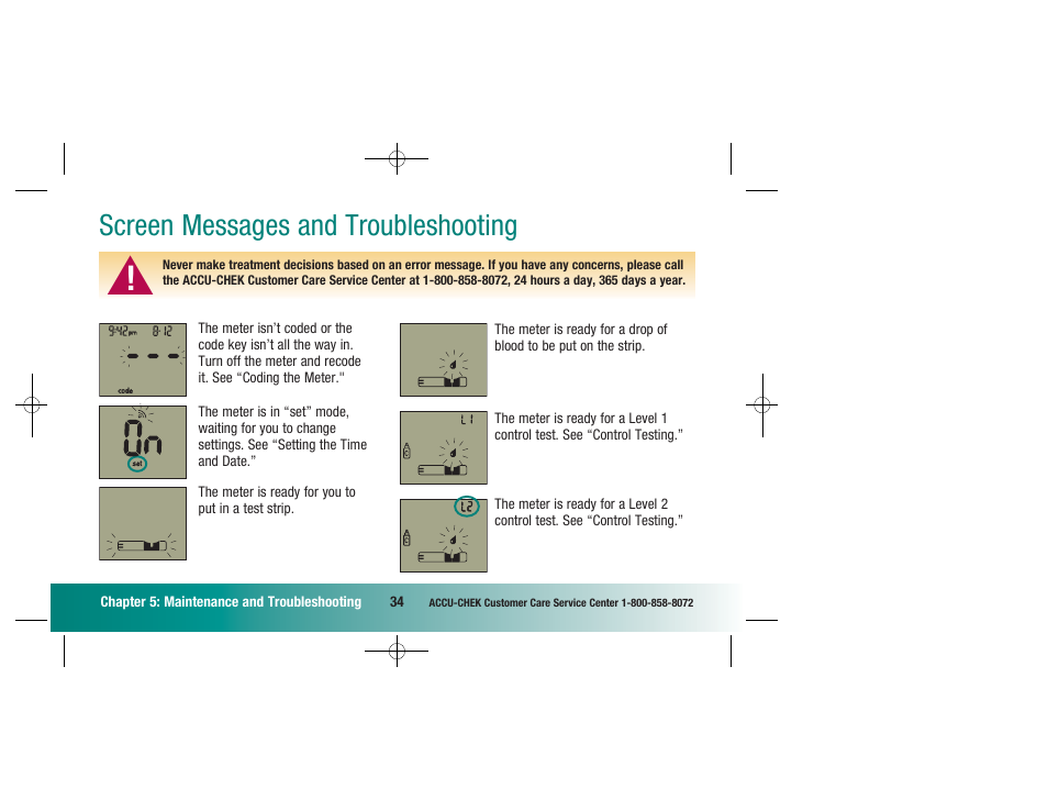 Screen messages and troubleshooting | Accu-Chek Advantage User Manual | Page 36 / 52