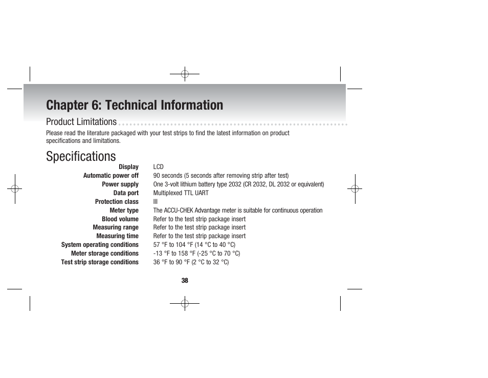 Chapter 6: technical information, Specifications, Product limitations | Accu-Chek Advantage User Manual | Page 40 / 52