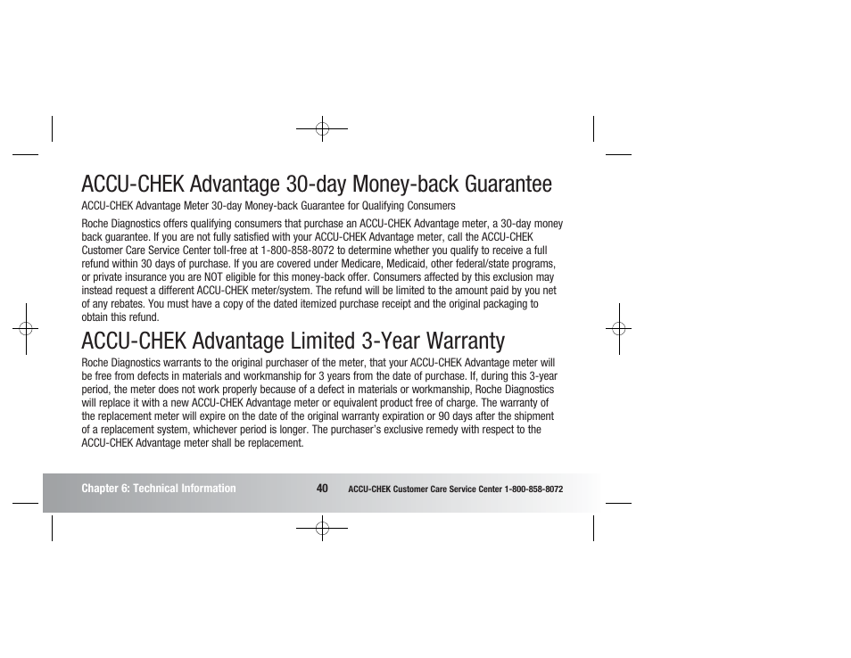 Accu-chek advantage 30-day money-back guarantee, Accu-chek advantage limited 3-year warranty | Accu-Chek Advantage User Manual | Page 42 / 52