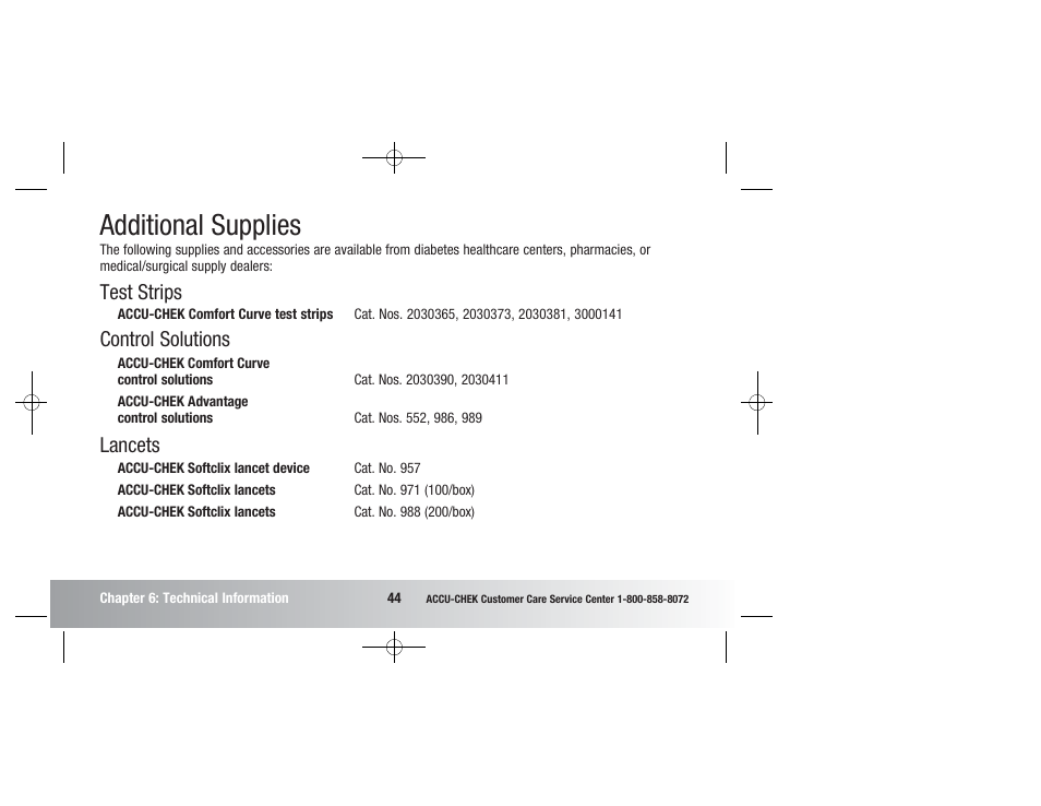 Additional supplies, Test strips, Control solutions | Lancets | Accu-Chek Advantage User Manual | Page 46 / 52