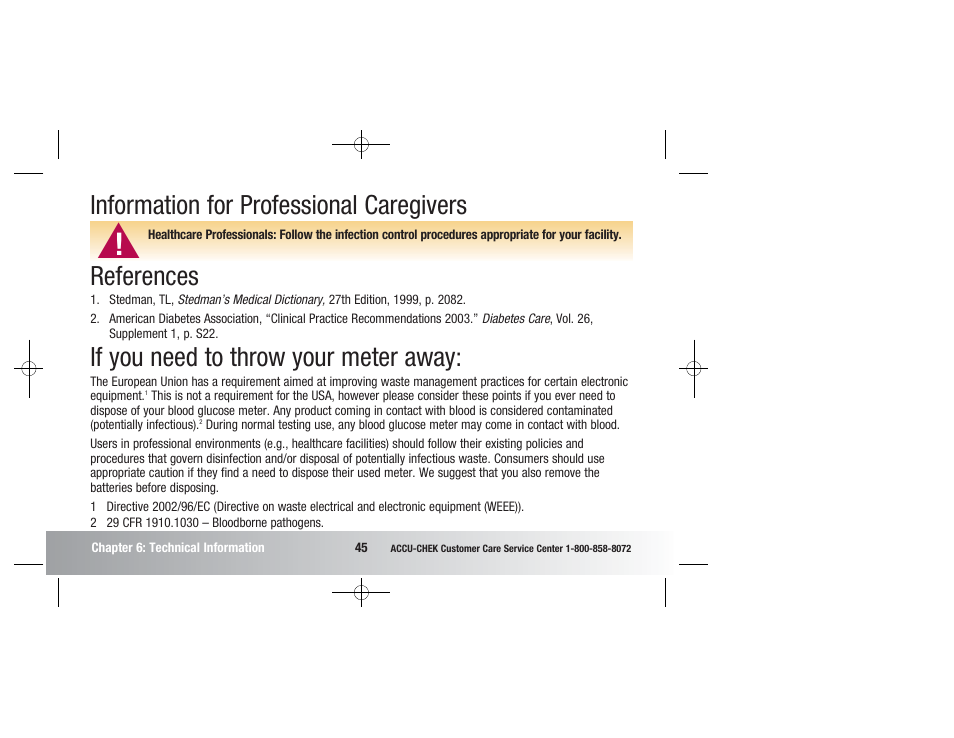 Information for professional caregivers, References, If you need to throw your meter away | Accu-Chek Advantage User Manual | Page 47 / 52