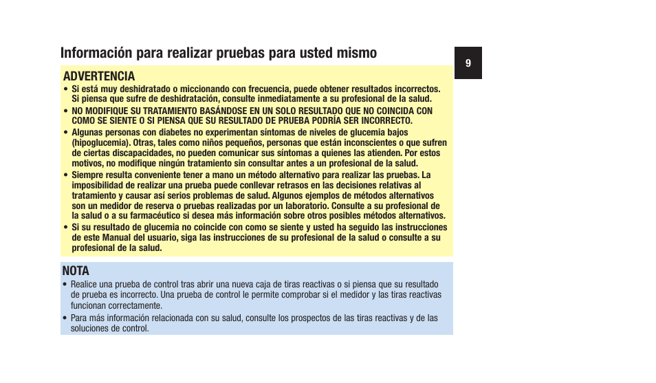 Información para realizar pruebas para usted mismo, Advertencia, Nota | Accu-Chek Aviva Plus silver User Manual | Page 111 / 204