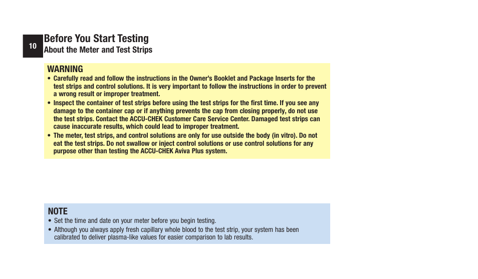 Before.you.start.testing, Warning | Accu-Chek Aviva Plus silver User Manual | Page 12 / 204