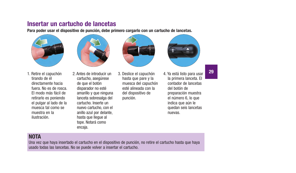 Insertar un cartucho de lancetas, Nota | Accu-Chek Aviva Plus silver User Manual | Page 131 / 204