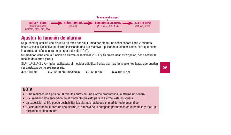 Ajustar la función de alarma, Nota | Accu-Chek Aviva Plus silver User Manual | Page 161 / 204