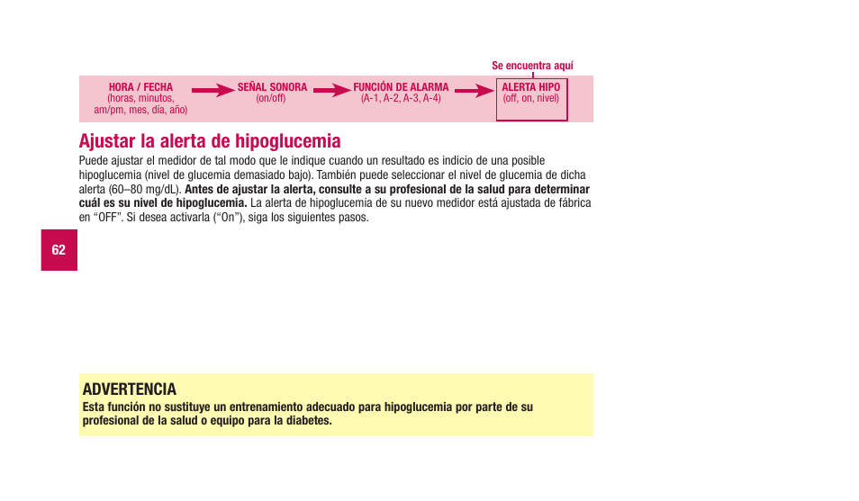 Ajustar la alerta de hipoglucemia, Advertencia | Accu-Chek Aviva Plus silver User Manual | Page 164 / 204