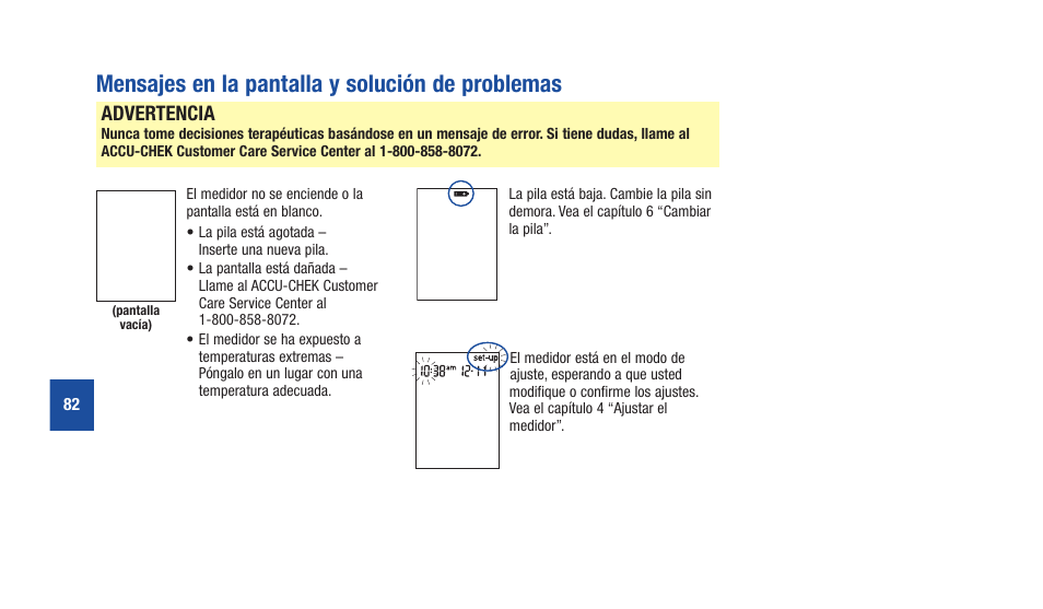 Mensajes en la pantalla y solución de problemas, Advertencia | Accu-Chek Aviva Plus silver User Manual | Page 184 / 204