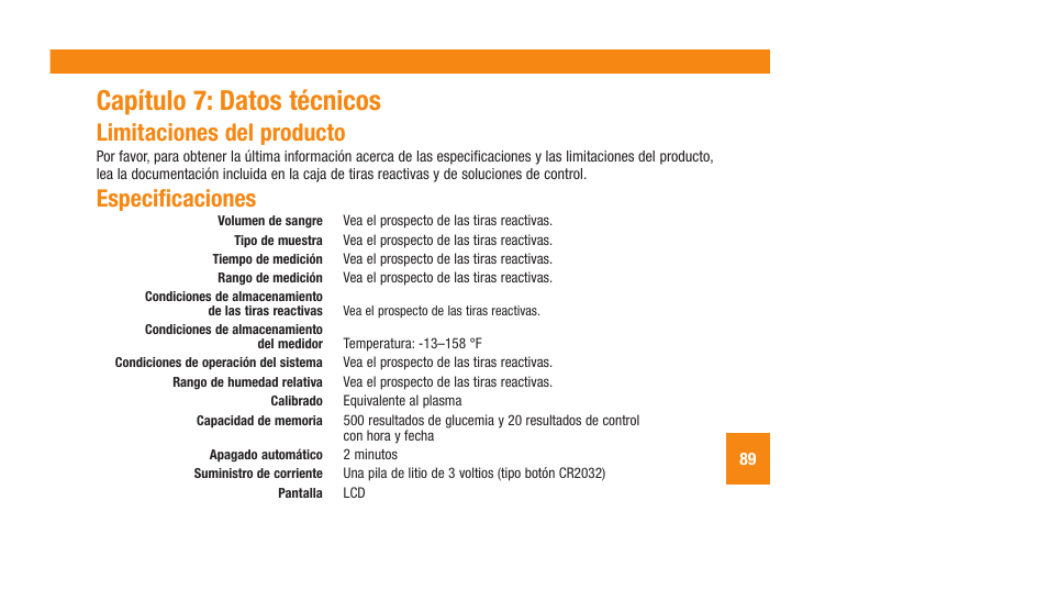 Capítulo 7: datos técnicos, Limitaciones del producto, Especificaciones | Accu-Chek Aviva Plus silver User Manual | Page 191 / 204
