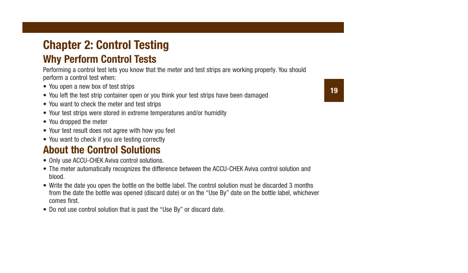 Chapter.2:..control.testing, Why.perform.control.tests, About.the.control.solutions | Accu-Chek Aviva Plus silver User Manual | Page 21 / 204