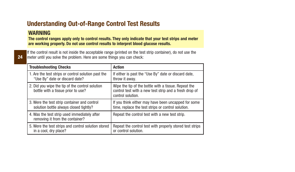Understanding.out‑of‑range.control.test.results, Warning | Accu-Chek Aviva Plus silver User Manual | Page 26 / 204
