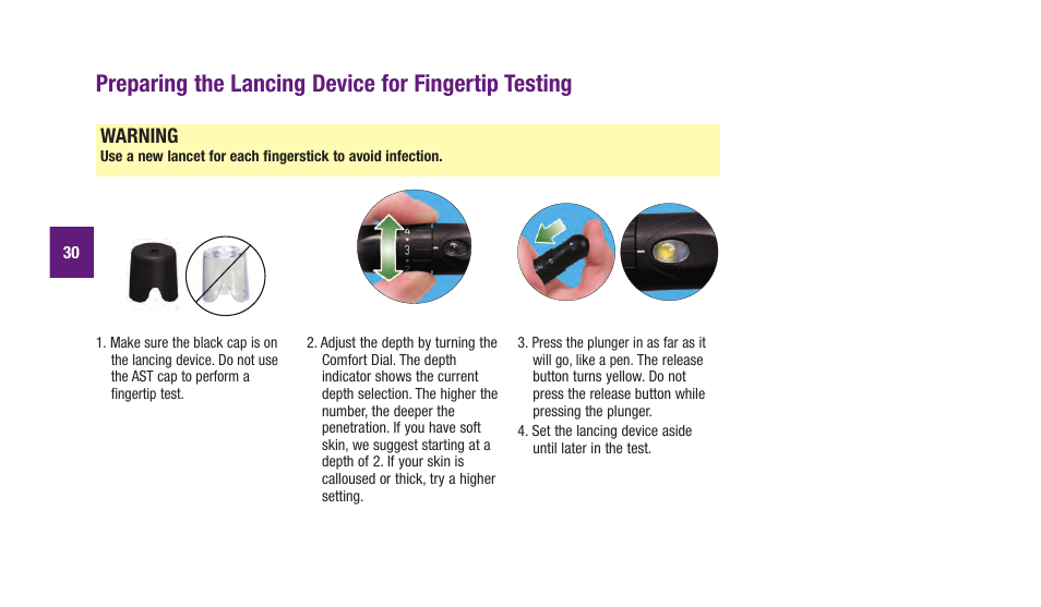 Preparing.the.lancing.device.for.fingertip.testing, Warning | Accu-Chek Aviva Plus silver User Manual | Page 32 / 204