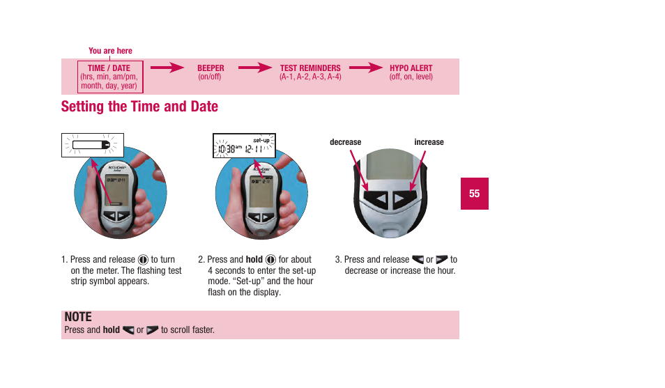 Setting.the.time.and.date, Press and hold or to scroll faster | Accu-Chek Aviva Plus silver User Manual | Page 57 / 204