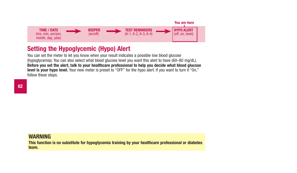 Setting.the.hypoglycemic.(hypo).alert, Warning | Accu-Chek Aviva Plus silver User Manual | Page 64 / 204