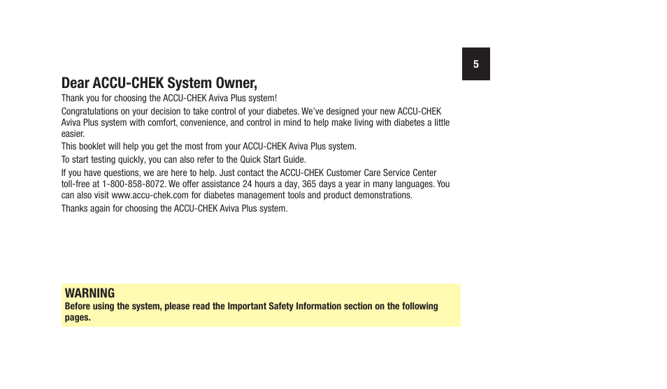 Dear.accu‑chek.system.owner, Warning | Accu-Chek Aviva Plus silver User Manual | Page 7 / 204