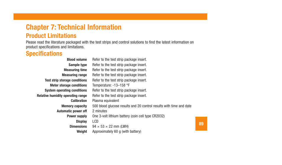 Chapter.7:.technical.information, Product.limitations, Specifications | Accu-Chek Aviva Plus silver User Manual | Page 91 / 204