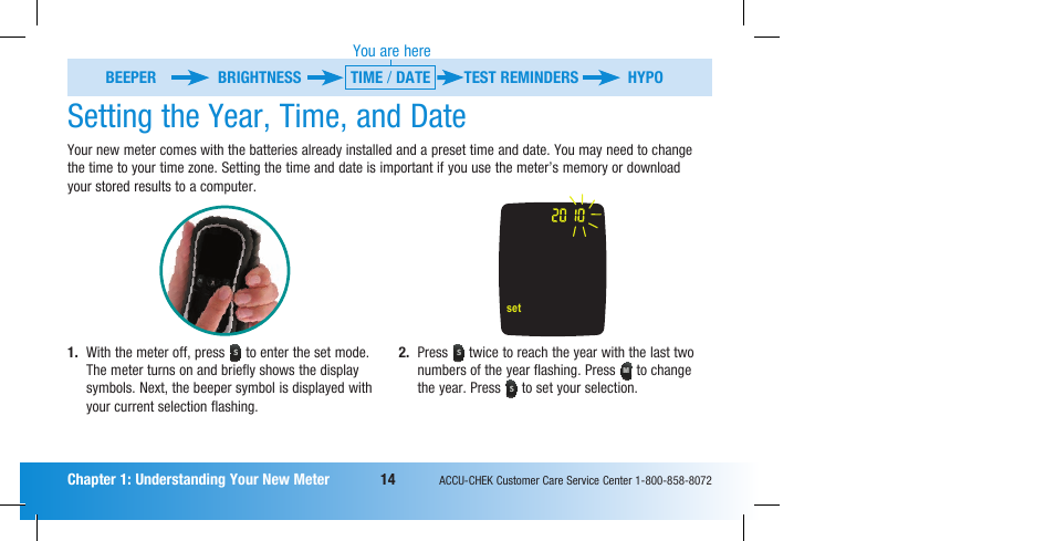 Setting the year, time, and date | Accu-Chek Compact Plus User Manual | Page 16 / 196