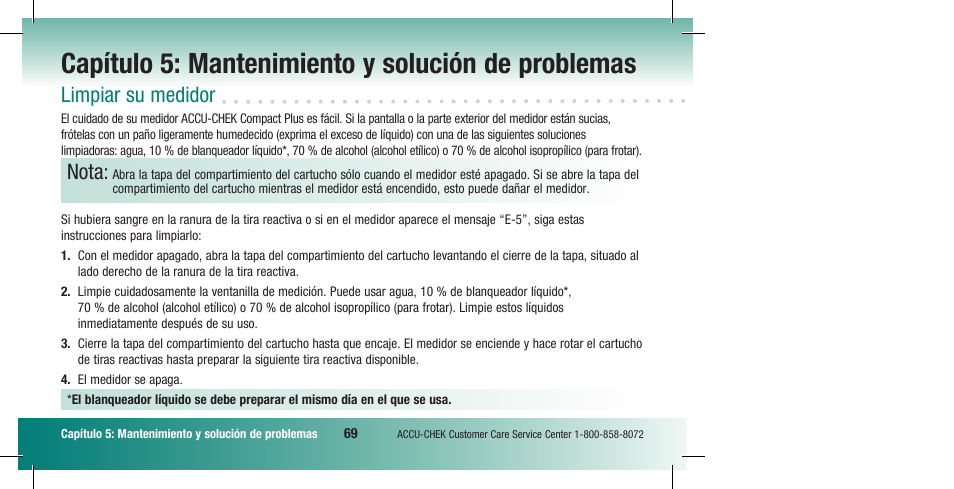 Capítulo 5: mantenimiento y solución de problemas, Limpiar su medidor, Nota | Accu-Chek Compact Plus User Manual | Page 167 / 196