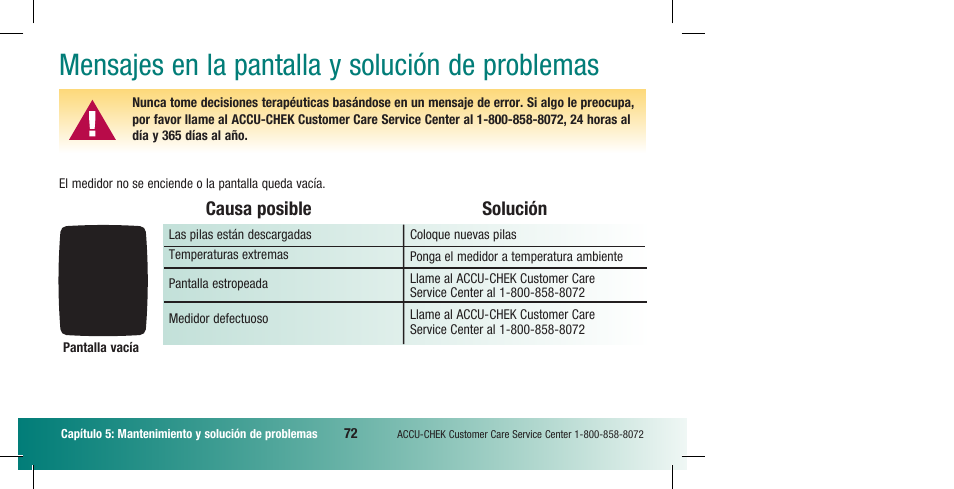 Mensajes en la pantalla y solución de problemas, Causa posible solución | Accu-Chek Compact Plus User Manual | Page 170 / 196