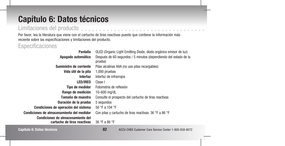 Capítulo 6: datos técnicos, Limitaciones del producto, Especificaciones | Accu-Chek Compact Plus User Manual | Page 180 / 196