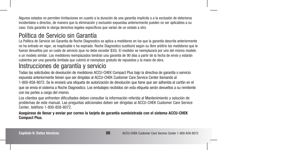 Política de servicio sin garantía, Instrucciones de garantía y servicio | Accu-Chek Compact Plus User Manual | Page 186 / 196