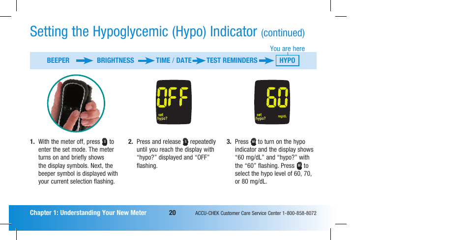 Setting the hypoglycemic (hypo) indicator, Continued) | Accu-Chek Compact Plus User Manual | Page 22 / 196