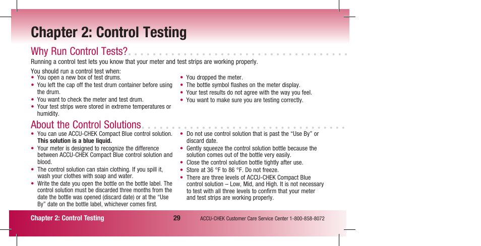 Chapter 2: control testing, Why run control tests, About the control solutions | Accu-Chek Compact Plus User Manual | Page 31 / 196