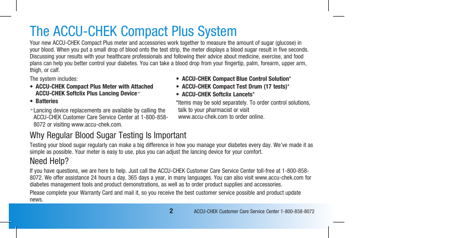 The accu-chek compact plus system, Why regular blood sugar testing is important, Need help | Accu-Chek Compact Plus User Manual | Page 4 / 196