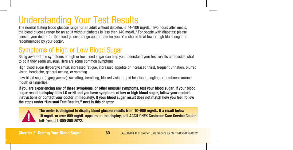 Understanding your test results, Symptoms of high or low blood sugar | Accu-Chek Compact Plus User Manual | Page 62 / 196