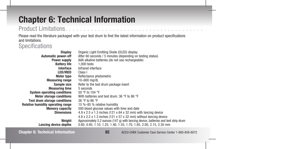 Chapter 6: technical information, Product limitations, Specifications | Accu-Chek Compact Plus User Manual | Page 84 / 196