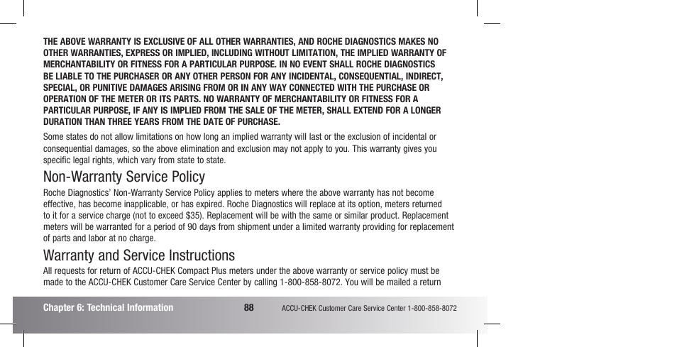 Non-warranty service policy, Warranty and service instructions | Accu-Chek Compact Plus User Manual | Page 90 / 196