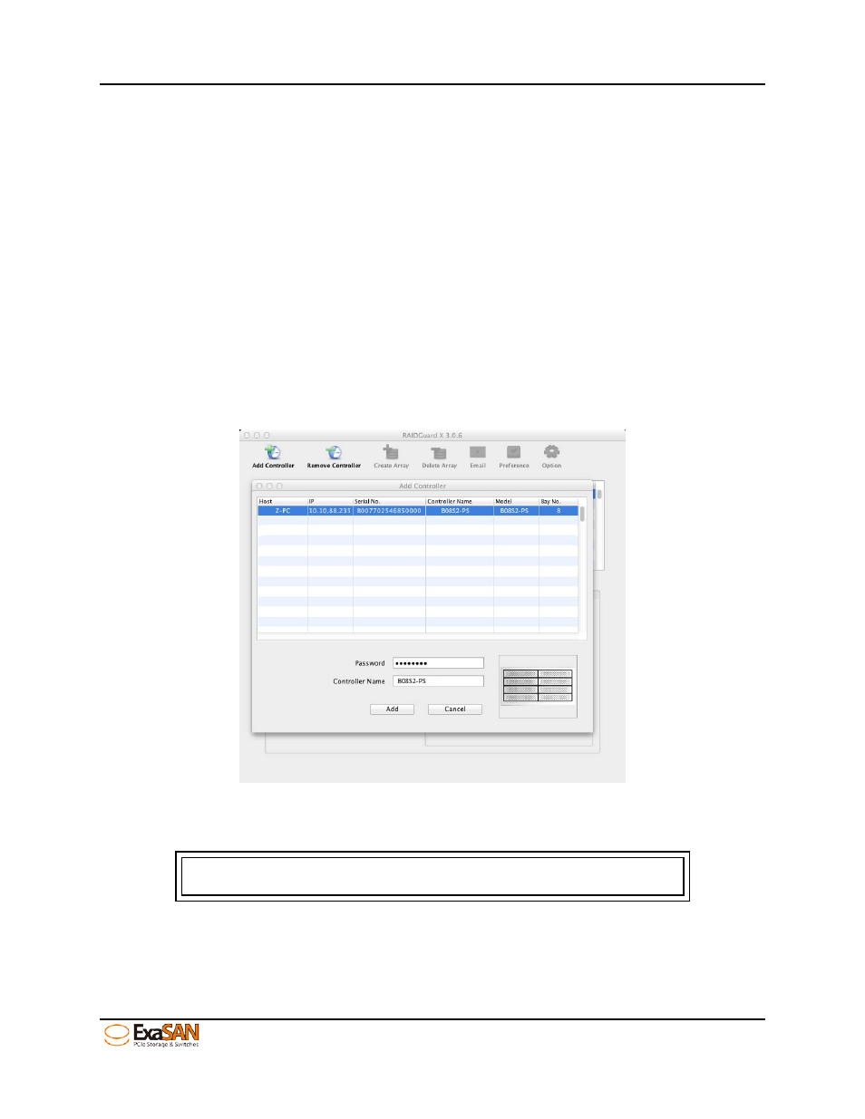 1 adding and removing controllers, Adding and removing controllers, Figure 36: gui “add raid controller | Accusys ExaSAN B08S2-PS User Manual | Page 56 / 103
