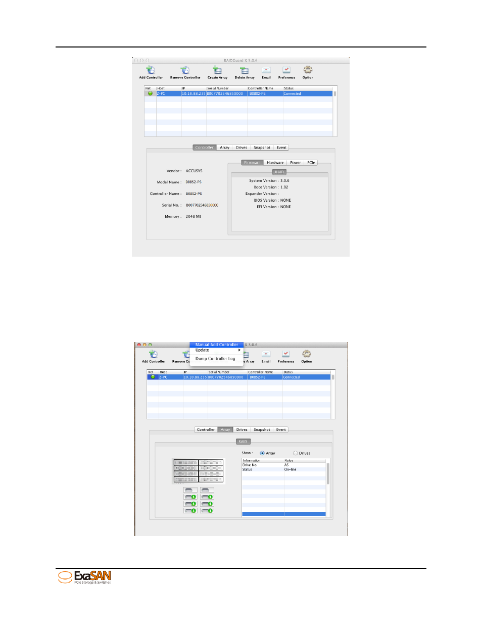 Figure 37: gui “raid controller info, Figure 38: gui “manual add raid controller 1/2 | Accusys ExaSAN B08S2-PS User Manual | Page 57 / 103