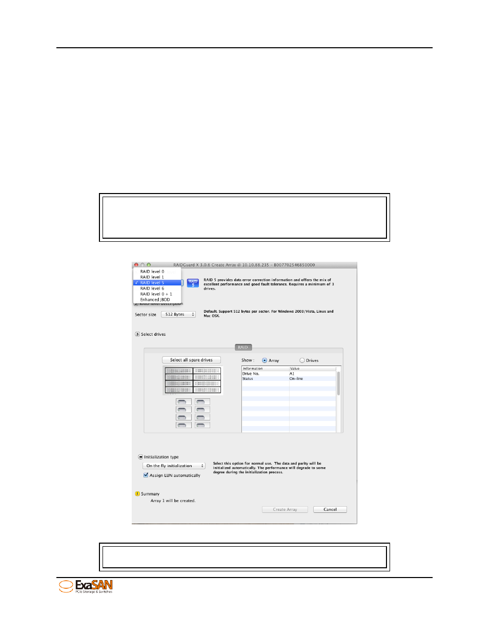 3 creating and deleting an array, Creating and deleting an array, Figure 46: gui “select raid level | Accusys ExaSAN B08S2-PS User Manual | Page 61 / 103