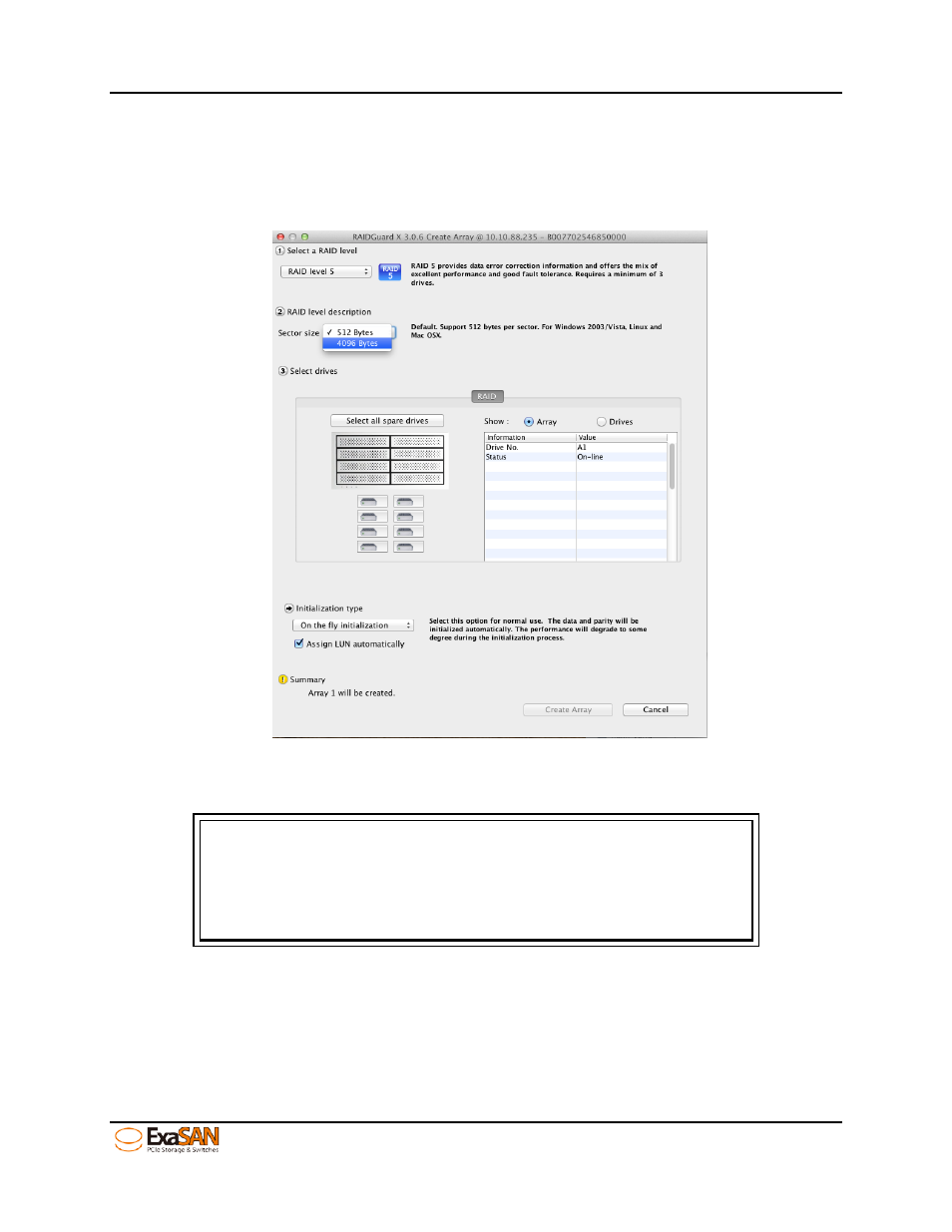 Figure 47: gui “select sector size | Accusys ExaSAN B08S2-PS User Manual | Page 62 / 103